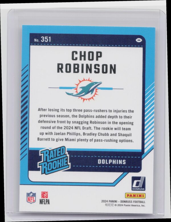 2024 Donruss Chop Robinson Rated Rookie RC 351 Dolphins - Image 3
