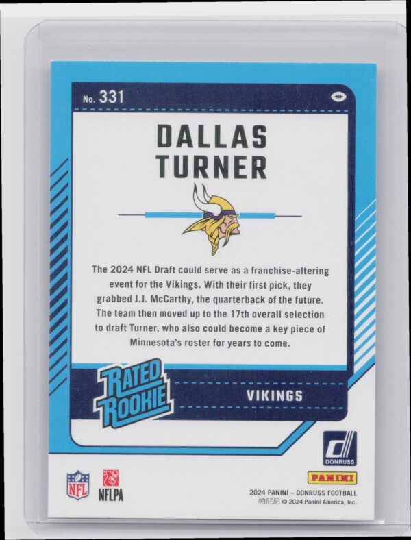 2024 Donruss Dallas Turner RC 331 Vikings - Image 3