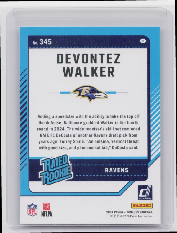 2024 Donruss Devontez Walker Rated Rookie RC 345 Ravens - Image 3