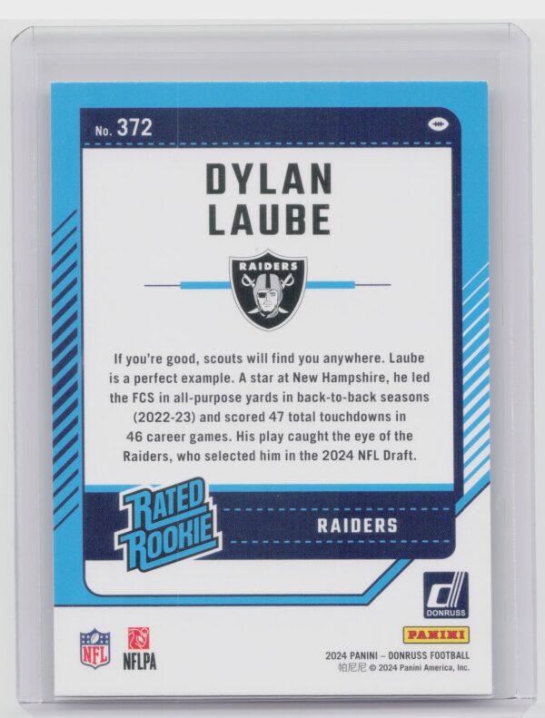 2024 Donruss Dylan Laube RC 372 Raiders - Image 3