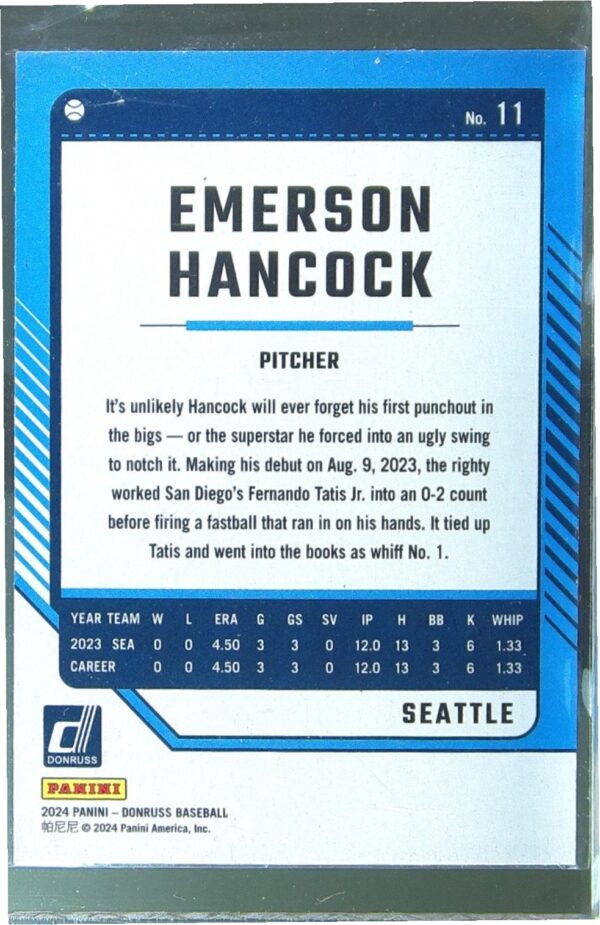 2024 Donruss Emerson Hancock Red and Blue #11 Mariners - Image 3