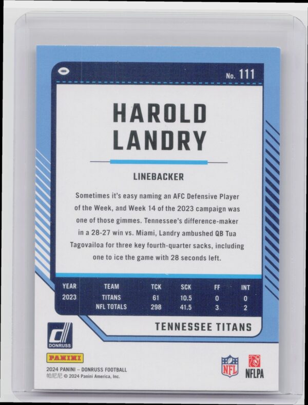2024 Donruss Harold Landry Press Proof Purple 111 Titans - Image 3