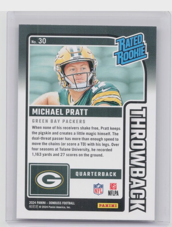 2024 Donruss Michael Pratt 30 Packers Rated Rookies Throwback - Image 3