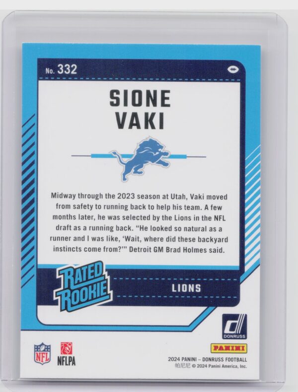 2024 Donruss Sione Vaki RC 332 Lions - Image 3