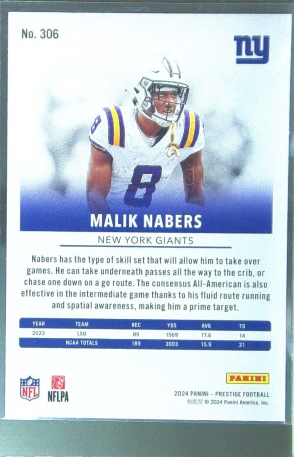 2024 Panini Prestige Malik Nabers RC #306 Giants - Image 3