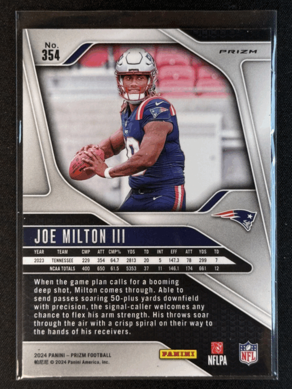 2024 Panini Prizm Joe Milton III Neon Green Pulsar Rookie RC Patriots #354 - Image 3