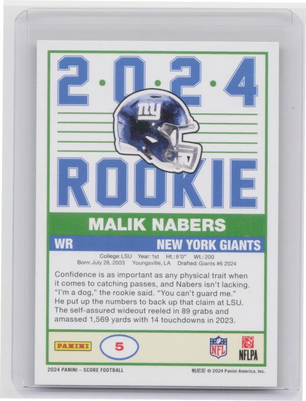 2024 Panini Score Malik Nabers Rookie #5 Giants - Image 3