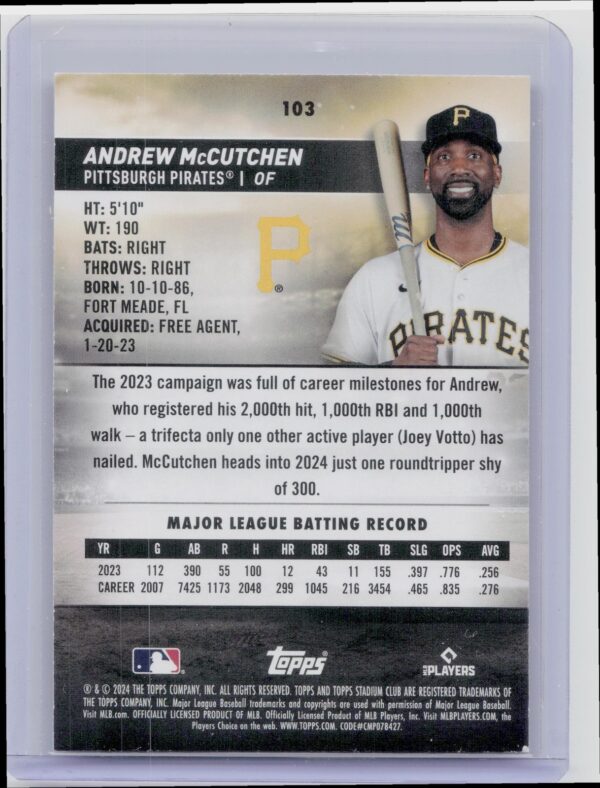 2024 Stadium Club Andrew McCutchen Sepia #103 Pirates - Image 3