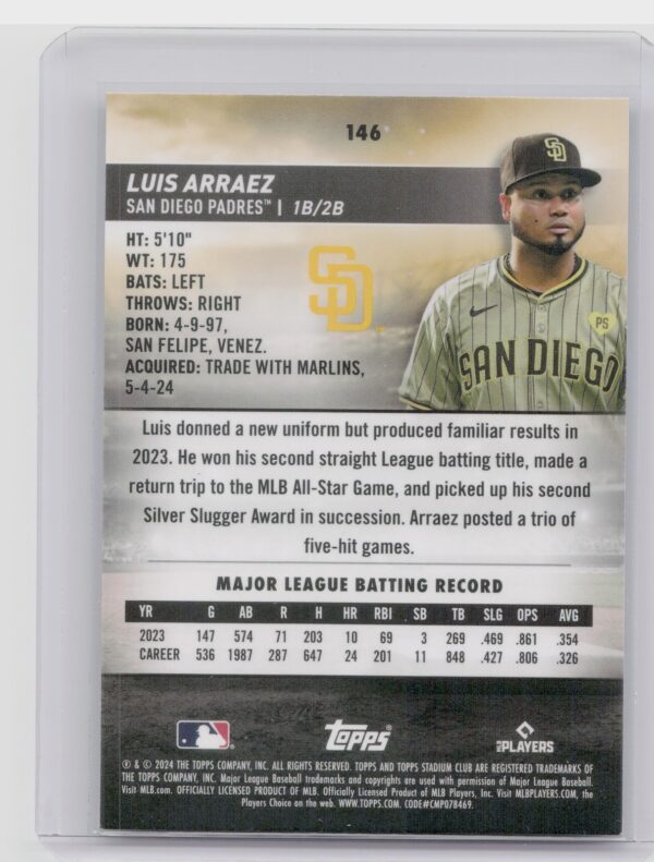 2024 Stadium Club Luis Arraez Chrome #146 Padres - Image 3