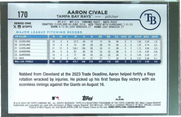2024 Topps Aaron Civale Holiday #170 Rays - Image 3