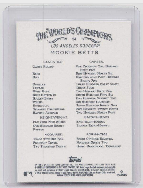 2024 Topps Allen & Ginter Mookie Betts #94 Dodgers - Image 3