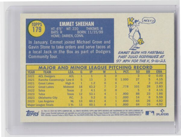 2024 Topps Archives Emmet Sheehan RC #179 Dodgers - Image 3