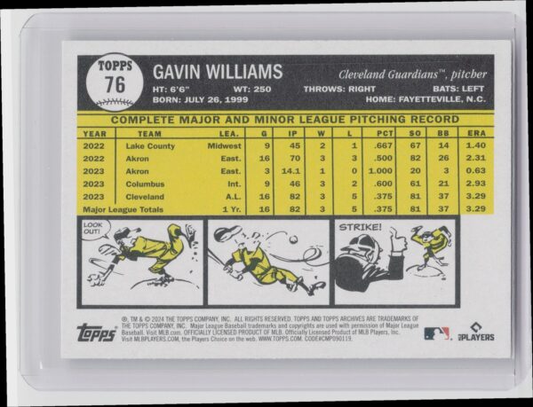 2024 Topps Archives Gavin Williams RC #76 Guardians - Image 3