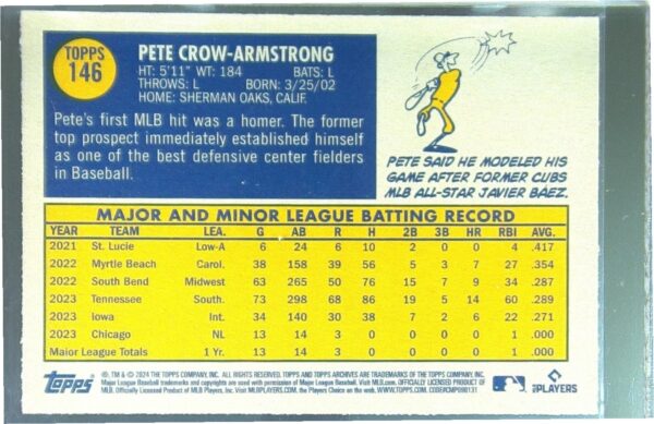 2024 Topps Archives Pete Crow-Armstrong RC #146 Cubs - Image 3