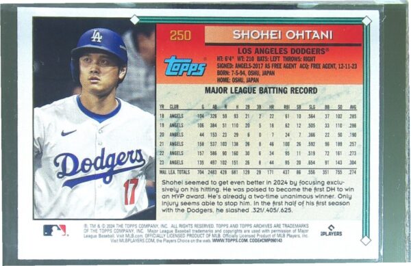 2024 Topps Archives Shohei Ohtani Yellow Foilboard #250 Dodgers - Image 3