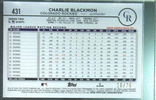 2024 Topps Charlie Blackmon Independence Day /76 #431 Rockies - Image 3