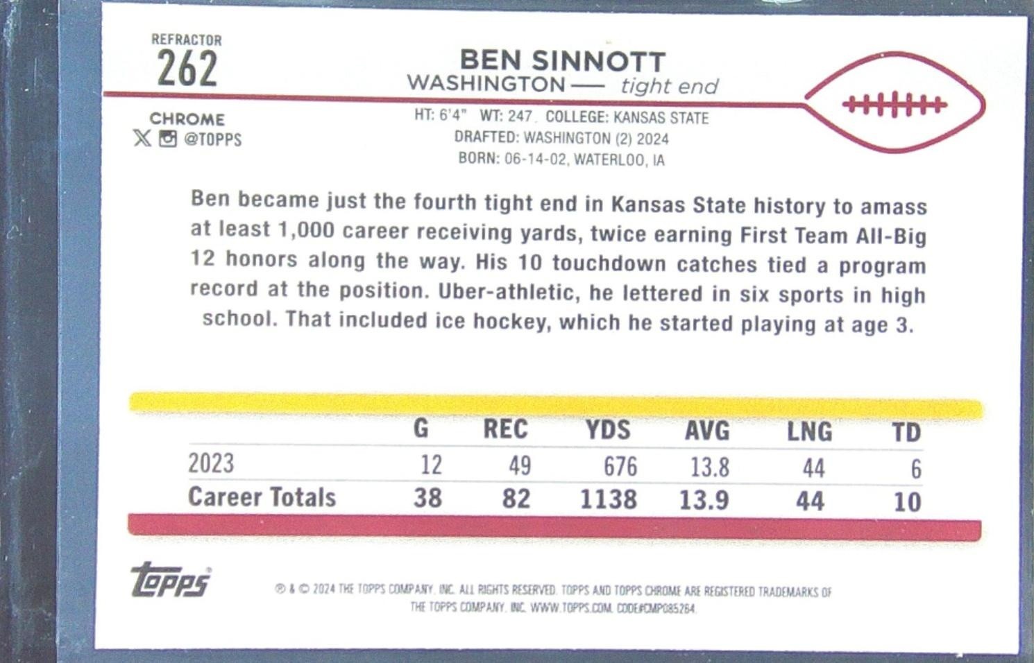 2024 Topps Chrome Ben Sinnott Refractor RC #262 Commanders - Image 3