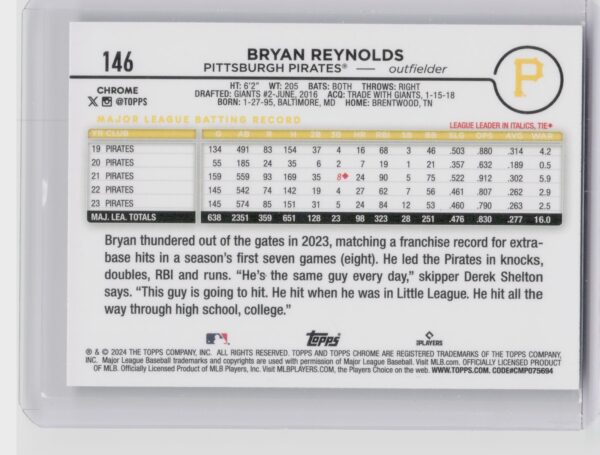 2024 Topps Chrome Bryan Reynolds Prism Refractors #146 Pirates - Image 3