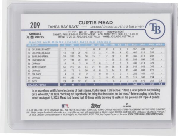 2024 Topps Chrome Curtis Mead X Fractors #209 Rays - Image 3