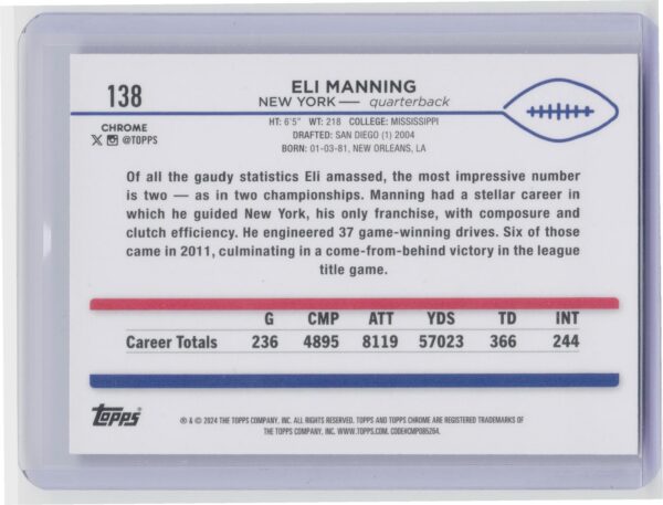 2024 Topps Chrome Eli Manning 138 Giants - Image 3