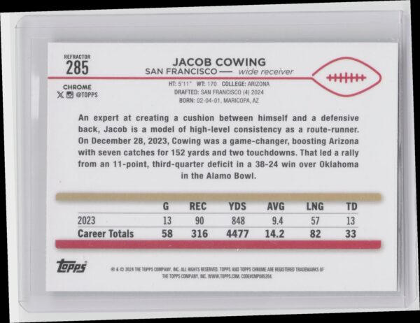 2024 Topps Chrome Jacob Cowing RC 285 49ers - Image 3