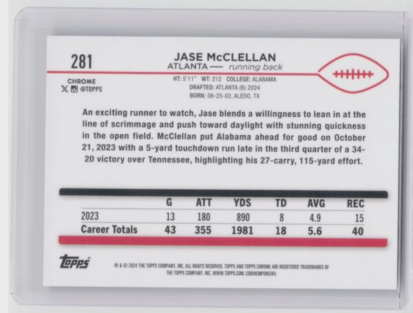 2024 Topps Chrome Jase McClellan RC 281 Falcons - Image 3