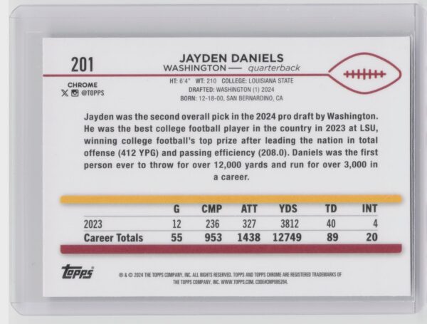 2024 Topps Chrome Jayden Daniels RC 201 Commanders - Image 3