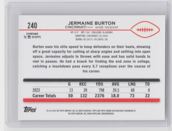 2024 Topps Chrome Jermaine Burton X Fractor RC #240 Bengals - Image 3