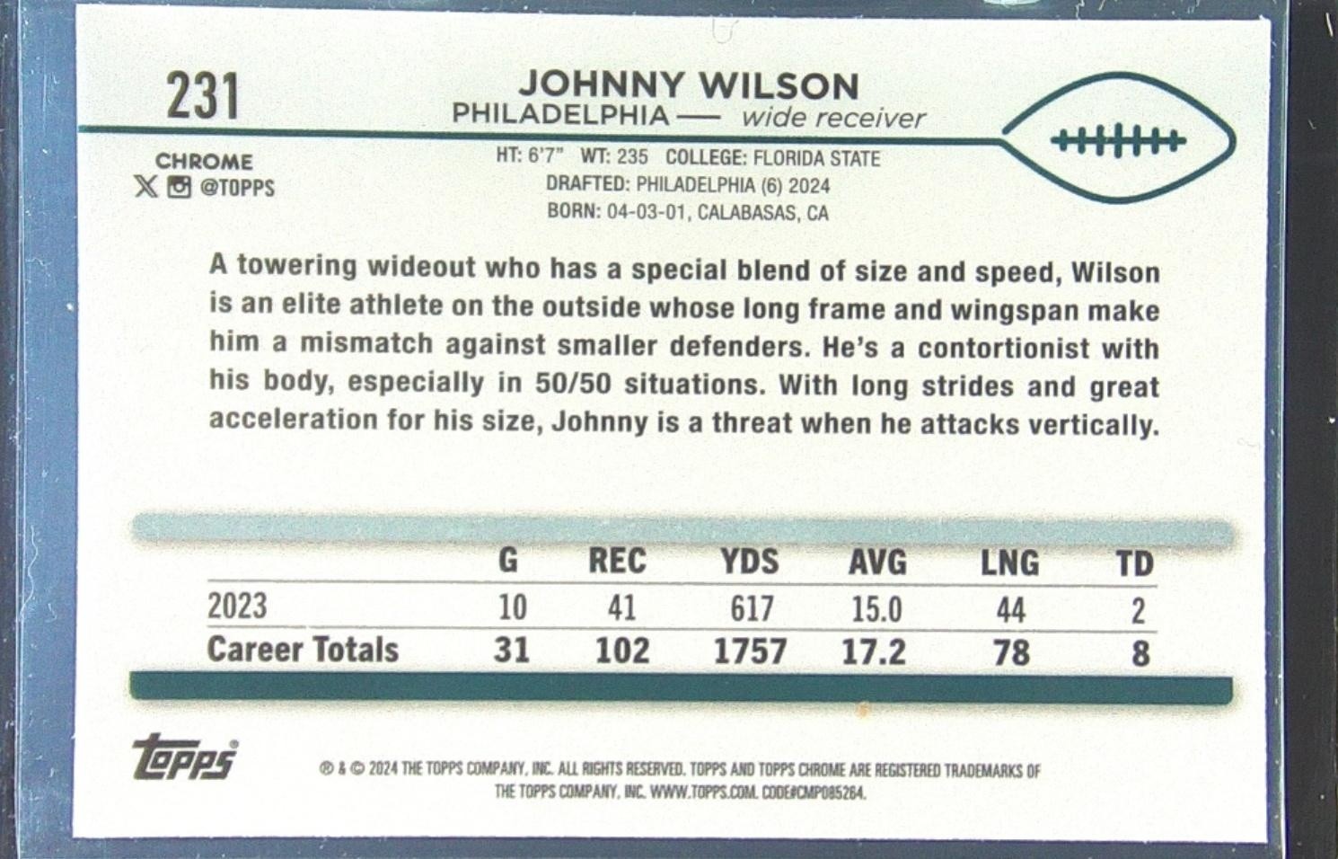2024 Topps Chrome Johnny Wilson RC #231 Eagles - Image 3