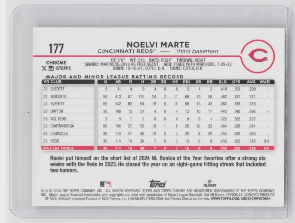2024 Topps Chrome Noelvi Marte X Fractors RC #177 Reds - Image 3