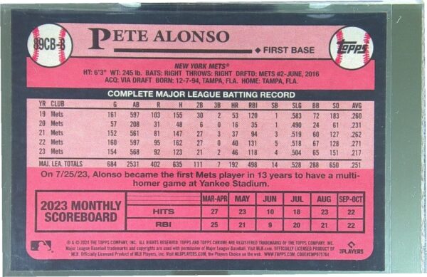 2024 Topps Chrome Pete Alonso #89CB-8 Mets 1989 Topps Baseball 35th Anniversary - Image 3