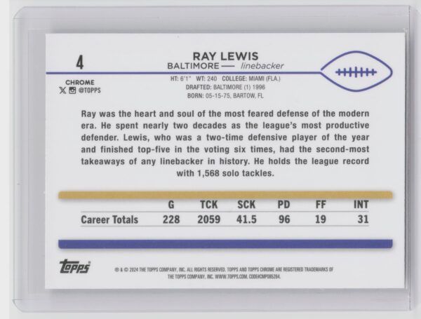 2024 Topps Chrome Ray Lewis X Fractor #4 Ravens - Image 3