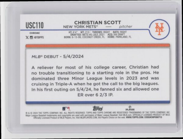 2024 Topps Chrome Update Christian Scott RC #USC110 Mets - Image 3