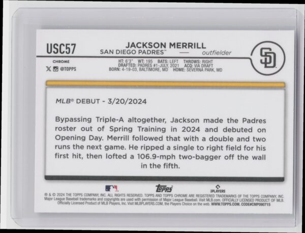2024 Topps Chrome Update Jackson Merrill RayWave Refractors #USC57 Padres - Image 3