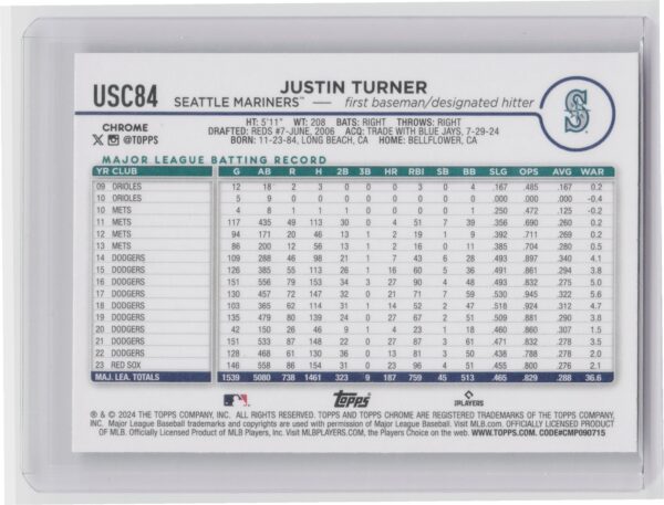 2024 Topps Chrome Update Justin Turner X Fractors #USC84 Mariners - Image 3