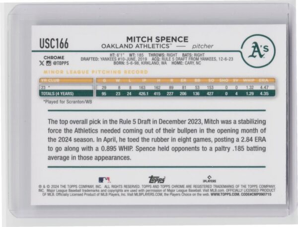 2024 Topps Chrome Update Mitch Spence X Fractors RC #USC166 Athletics - Image 3