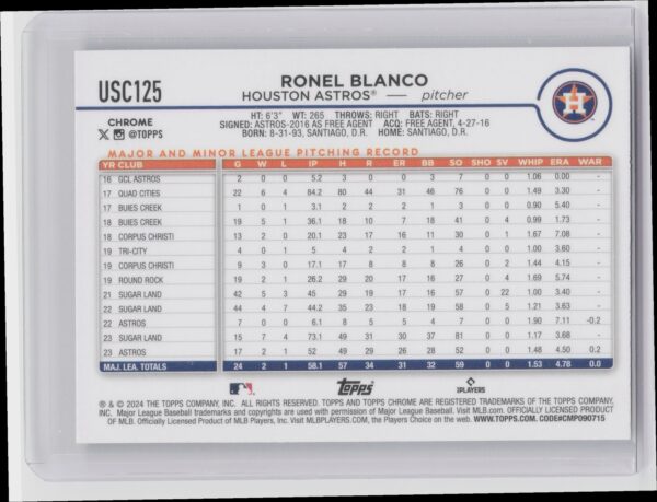 2024 Topps Chrome Update Ronel Blanco RayWave Refractors #USC125 Astros - Image 3