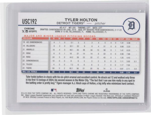2024 Topps Chrome Update Tyler Holton X Fractors RC #USC192 Tigers - Image 3