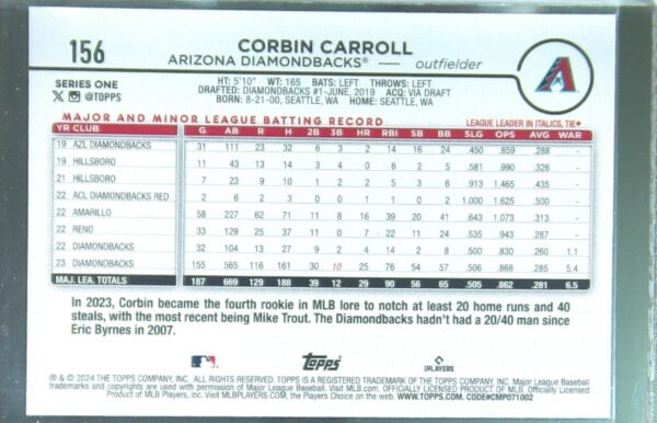 2024 Topps Corbin Carroll #156 Diamondbacks - Image 3