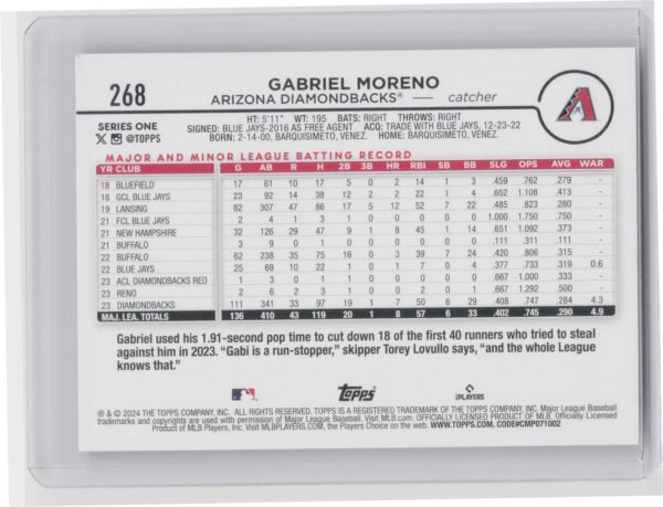 2024 Topps Gabriel Moreno Future Stars #268 Diamondbacks - Image 3