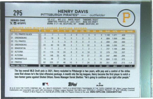 2024 Topps Henry Davis RC #295 Pirates - Image 3