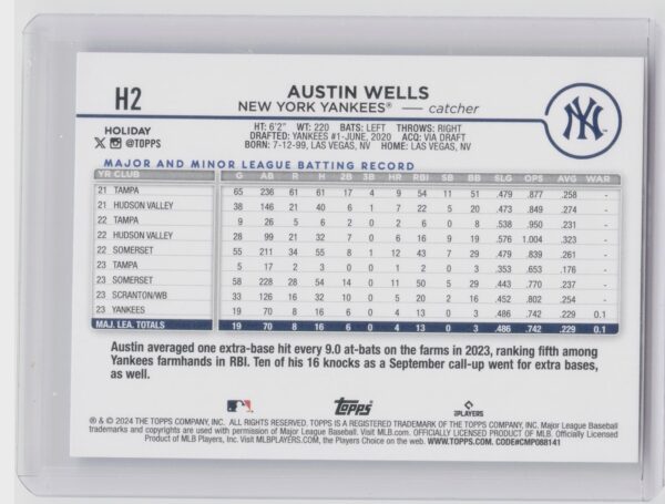 2024 Topps Holiday Austin Wells RC #H2 Yankees - Image 3