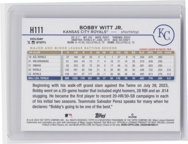 2024 Topps Holiday Bobby Witt Jr. H111 Royals - Image 3