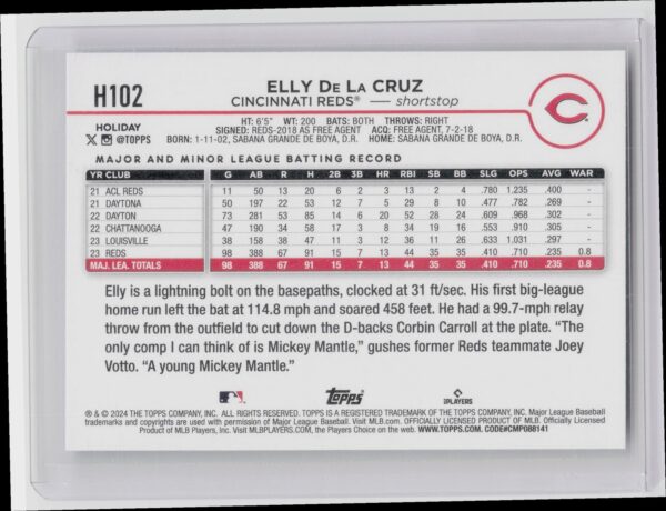 2024 Topps Holiday Elly De La Cruz RC #H102 Reds - Image 3