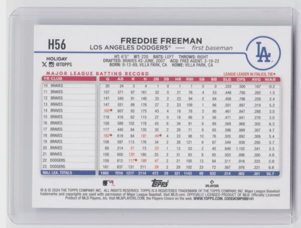 2024 Topps Holiday Freddie Freeman #H56 Dodgers - Image 3
