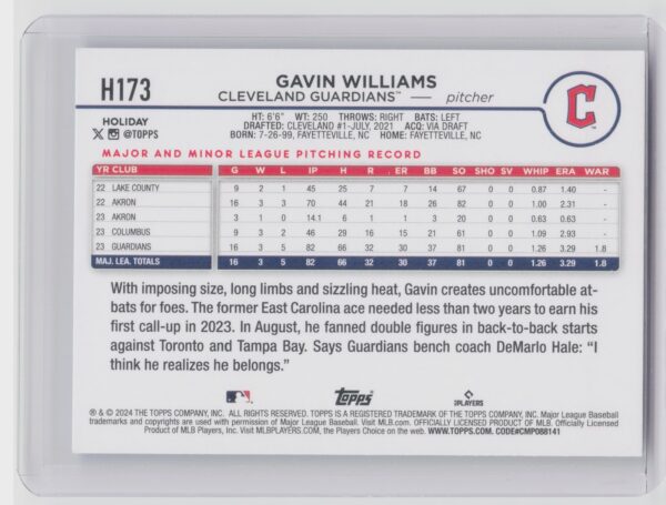 2024 Topps Holiday Gavin Williams RC #H173 Guardians - Image 3