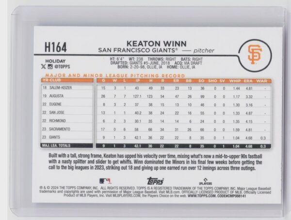2024 Topps Holiday Keaton Winn Rookie H164 Giants - Image 3