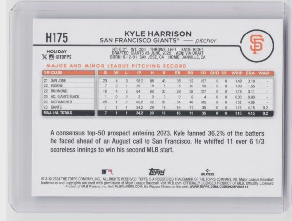 2024 Topps Holiday Kyle Harrison Rookie H175 Giants - Image 3