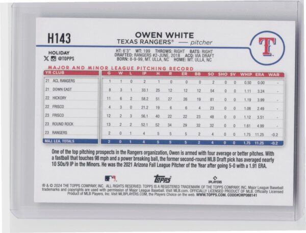 2024 Topps Holiday Owen White Holiday Tree #H143 Rangers - Image 3