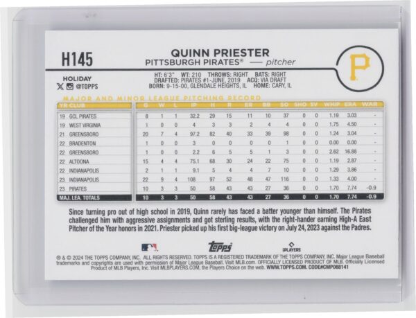 2024 Topps Holiday Quinn Priester Rookie Pirates - Image 3